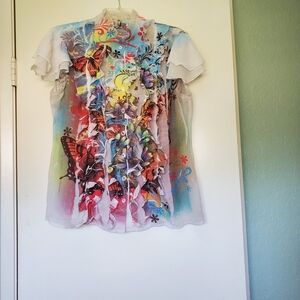 Vtg Cleo Women's Sheer Whimsey Fairy Wearable Artsy Butterfly Blouse XL Ruffles